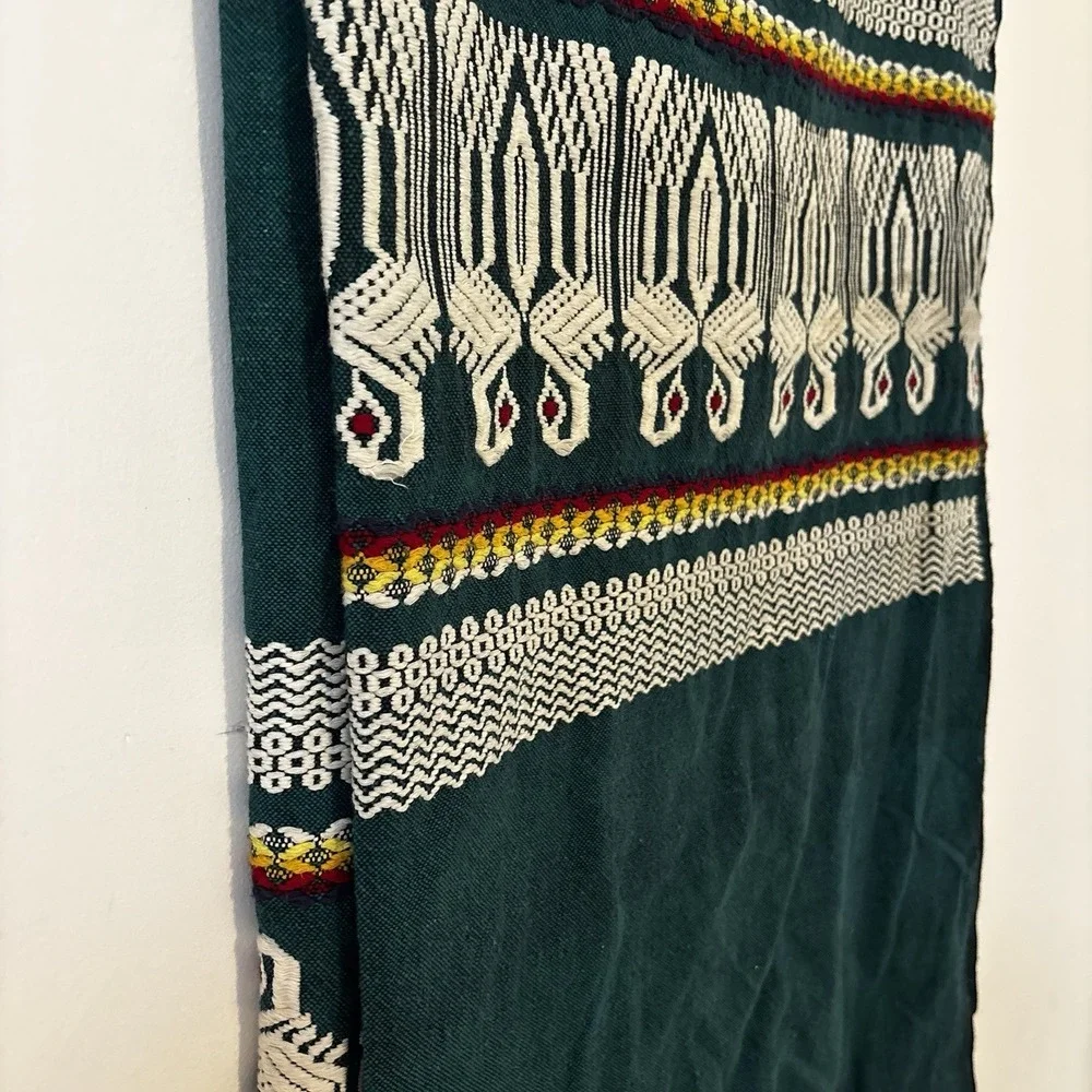 Antique Handwoven Textile Wall Hanging Fringes Swans Geometric Green